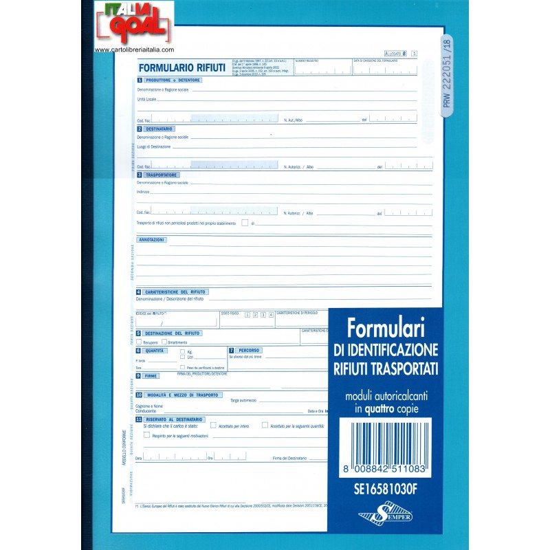 Formulario Identificazione Rifiuti (Mod. BU) 25x4 Autoricalcante A4